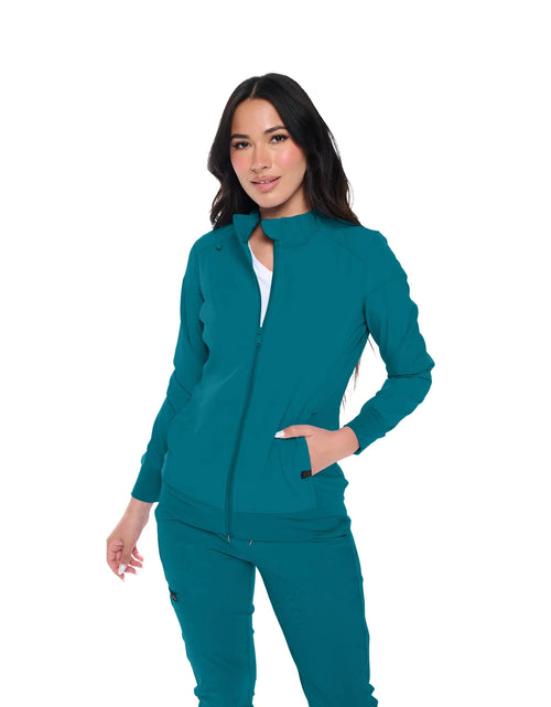 Cargar imagen en el visor de la galería, Chaqueta de uniforme Monarch para mujer, chaqueta de calentamiento con cremallera, azul Caribe
