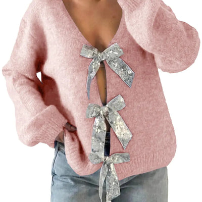Suéteres de punto con cuello en V para mujer, de manga larga, a la moda, con lazo de lentejuelas, sexy, holgado, de punto, blusas de jersey, rosa