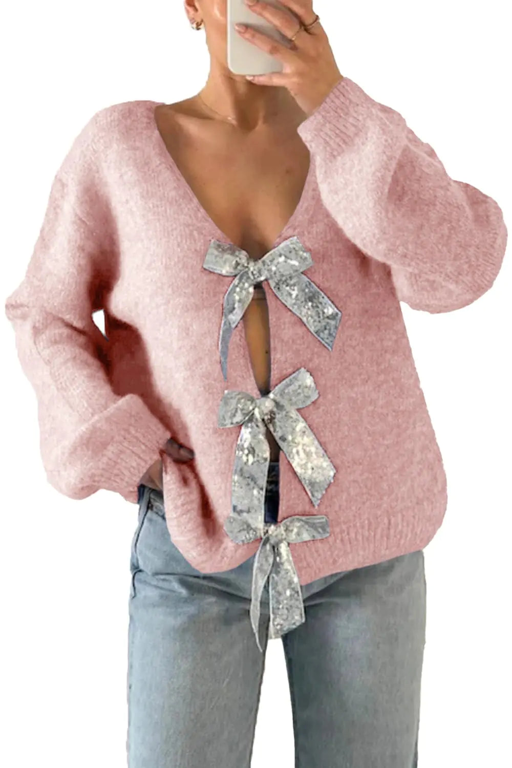 Womens V Neck Long Sleeve Sweaters Fall Trendy Sequin Bow Sexy Loose Knit Pullover Jumper Tops Pink