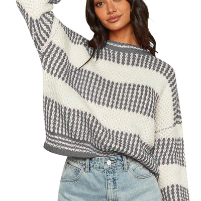 ZAFUL Womens 2025 Fall Winter Color Block Striped Sweater Crew Neck Sweaters Casual Loose Knit Sweater