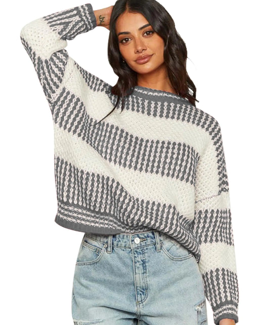 Load image into Gallery viewer, ZAFUL Womens 2025 Fall Winter Color Block Striped Sweater Crew Neck Sweaters Casual Loose Knit Sweater
