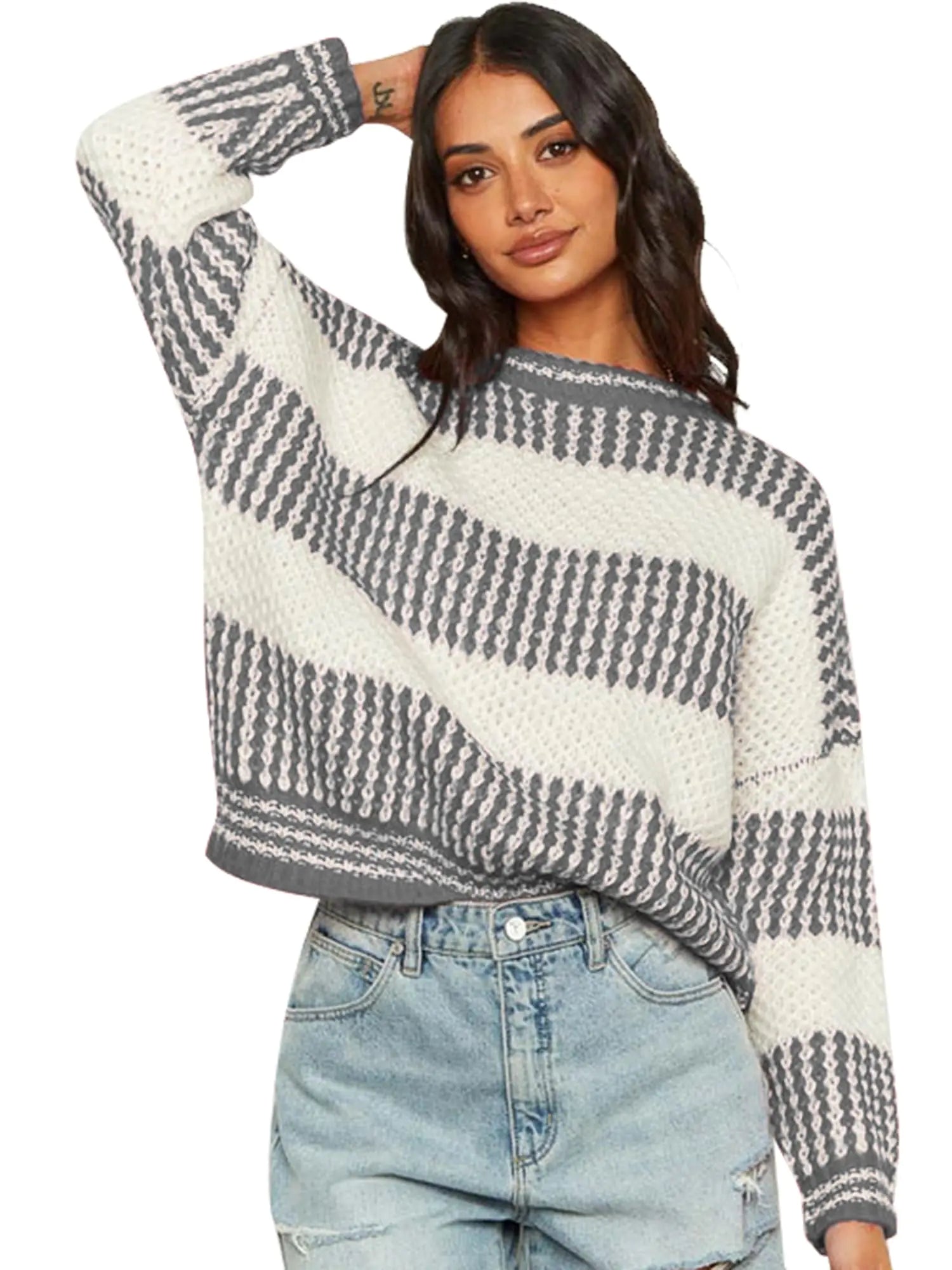 ZAFUL Womens 2025 Fall Winter Color Block Striped Sweater Crew Neck Sweaters Casual Loose Knit Sweater