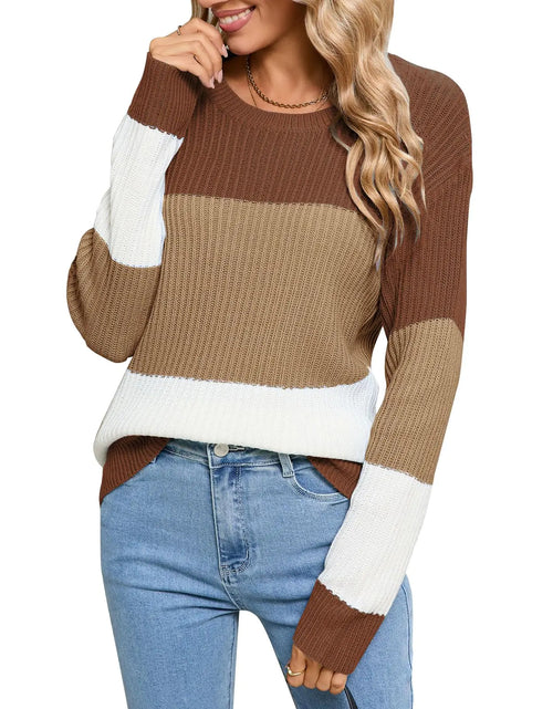 Load image into Gallery viewer, Alsol Lamesa Womens Striped Color Block Sweater Crew Neck Long Sleeve Casual Soft Knit Sweaters
