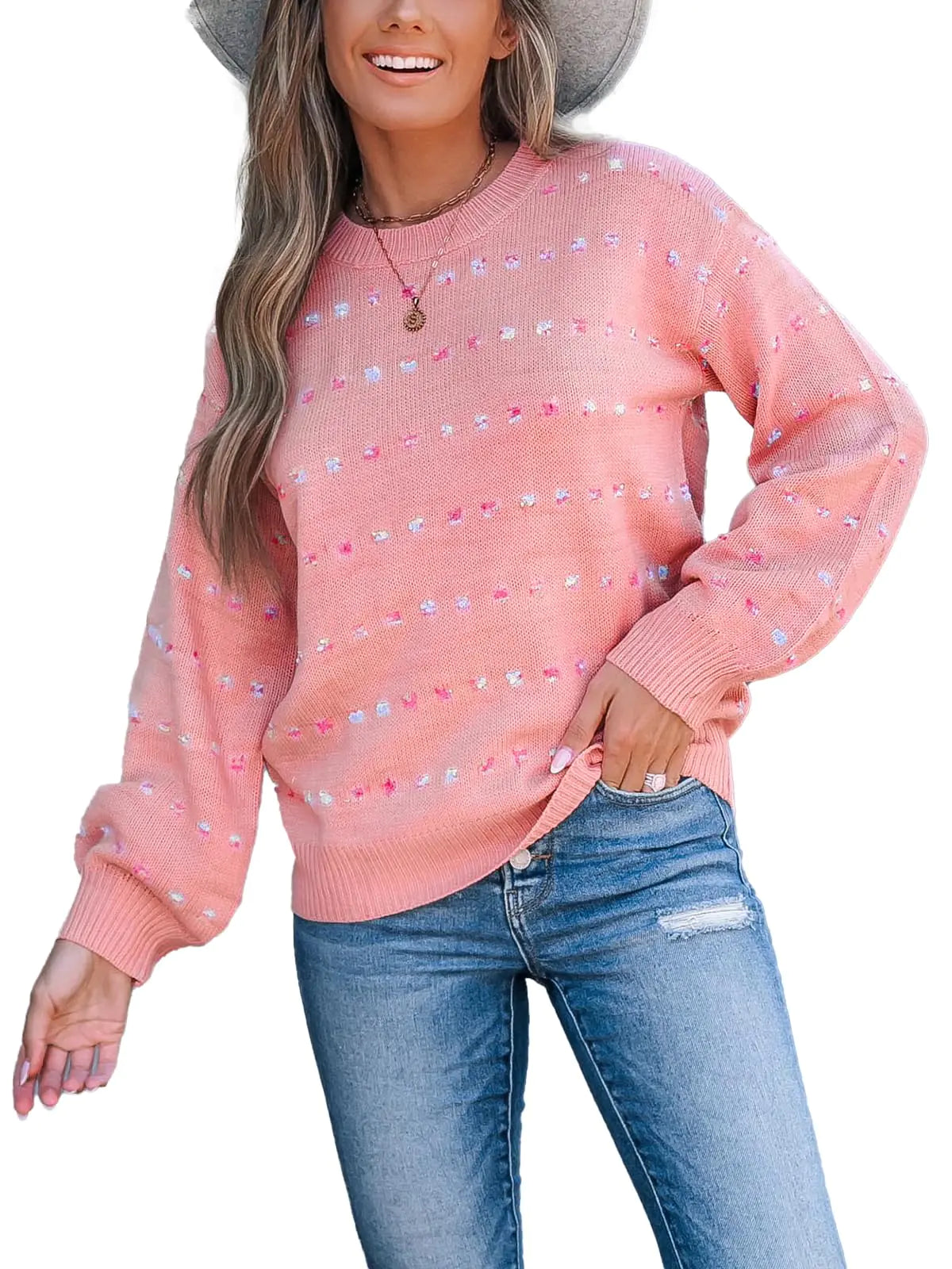 CUPSHE Suéteres de cuello redondo para mujer, manga larga, de punto acogedor, estampado de lunares de arcoíris, suéter rosa XL