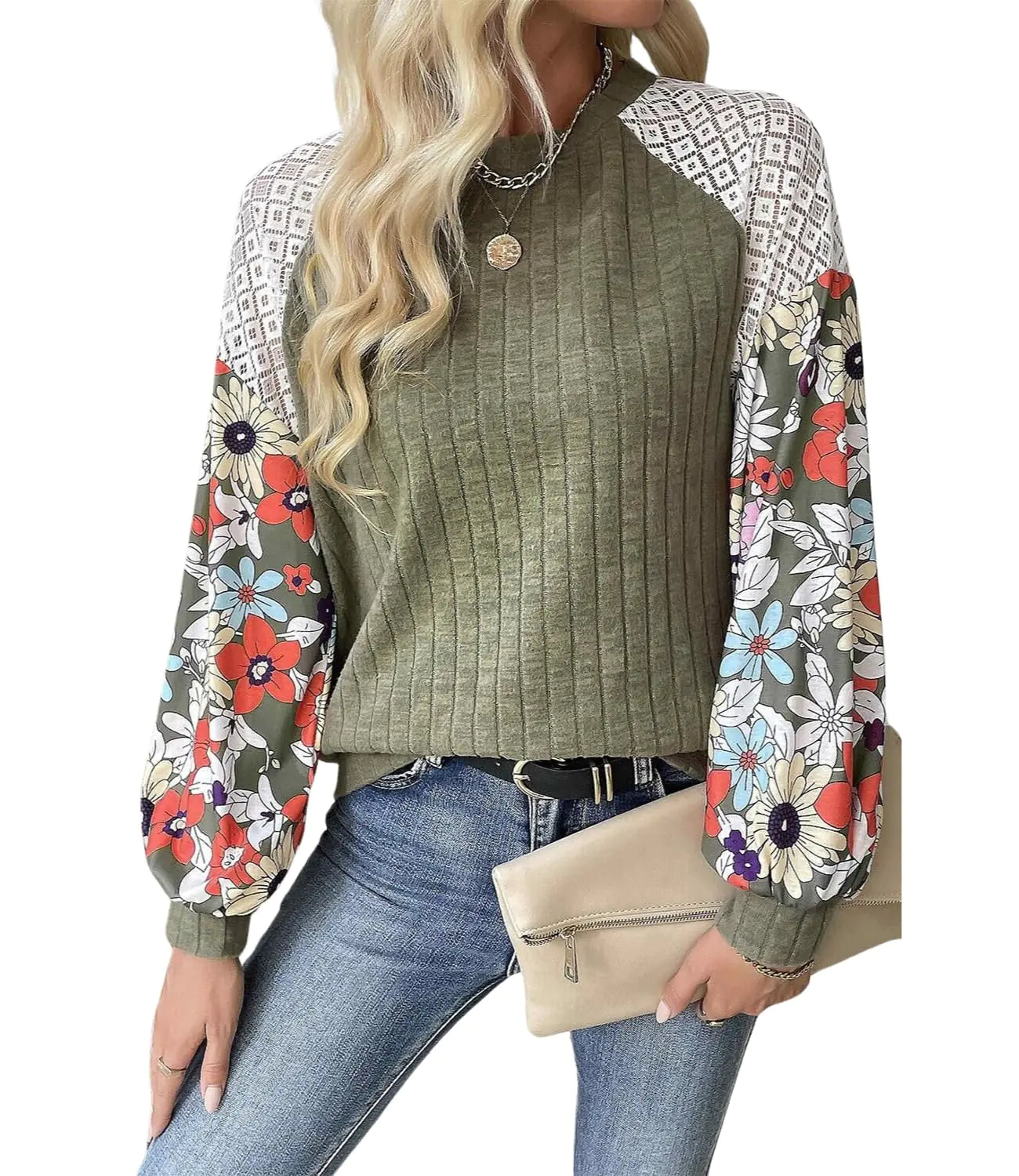 BAOKUAN Womens Knit Floral Long Sleeve Sweaters Pullover Crewneck Cute Cozy Color Block Long Sleeve Sweaters Tops Green