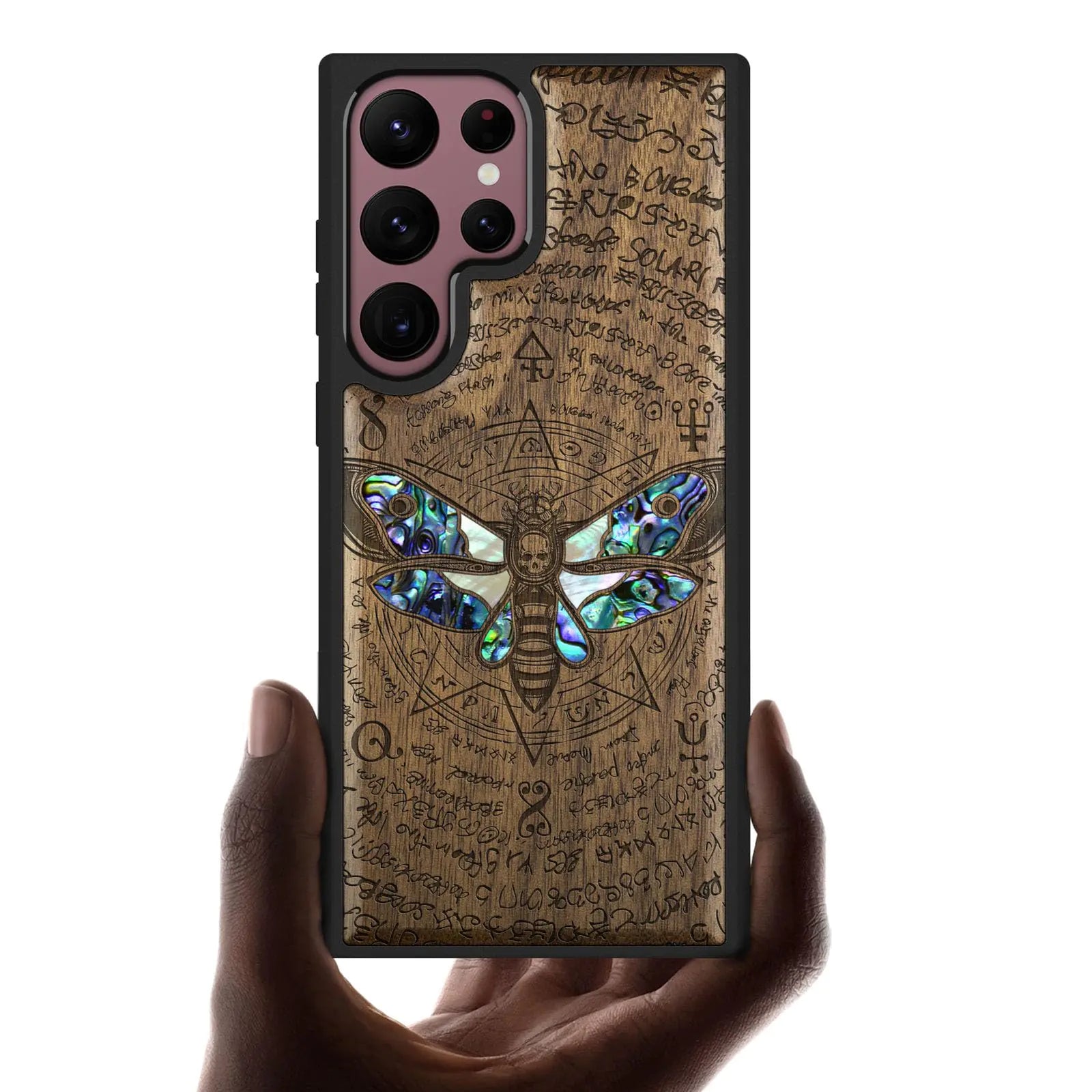 Carveit Coque en bois pour Samsung Galaxy S22 Ultra [Gravure sur bois et incrustation de coquille] Étui de téléphone en bois compatible avec les chargeurs sans fil Galaxy S22 Ultra (Death's Head Moth-Noyer)