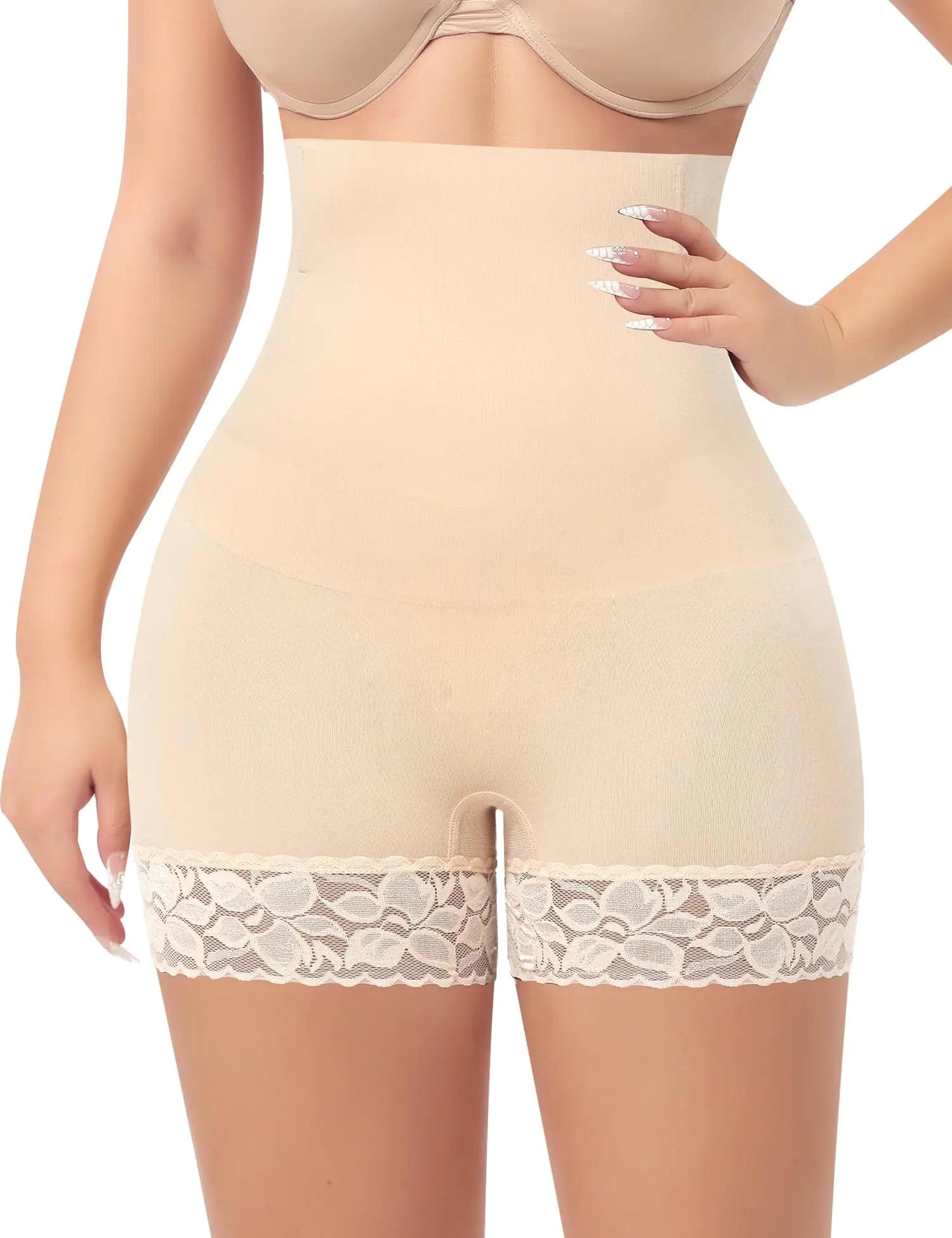 Shorty gainant taille haute pour femme - Minceur sans coutures - Contrôle du ventre - Sous robe (#C33 Taille haute dentelle-BeigeLarge)