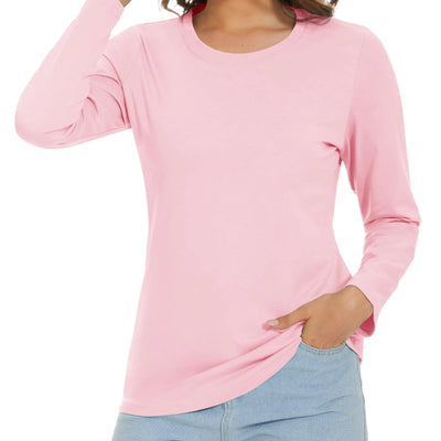 TACVASEN T-shirts à col rond pour femme, doux, à manches longues, en coton respirant, coupe classique, hauts décontractés, basiques unis, rose clair