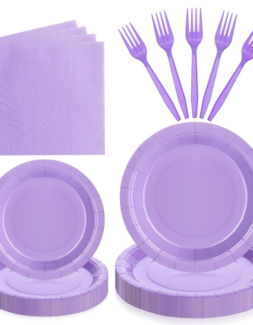 Load image into Gallery viewer, DI QIU REN 100 PCS Purple Party Supplies Set with Purple Paper PlatesLavender Disposable Purple Party PlatesPurple Party Decoration Lavender Napkin Plastic Fork for Party Wedding BirthdayServes 25
