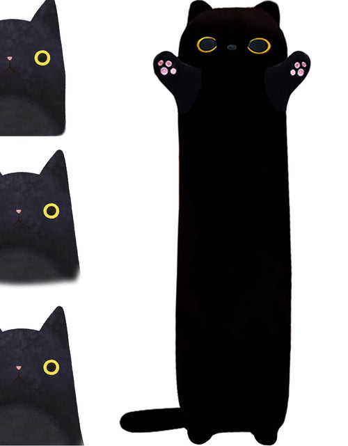 Cargar imagen en el visor de la galería, Handytoolinc Almohada de felpa suave de gato negro, peluches largos, almohada para dormir de algodón, almohada de gatito linda, almohada larga para el cuerpo, regalo para niños y novias (90 cm negro)
