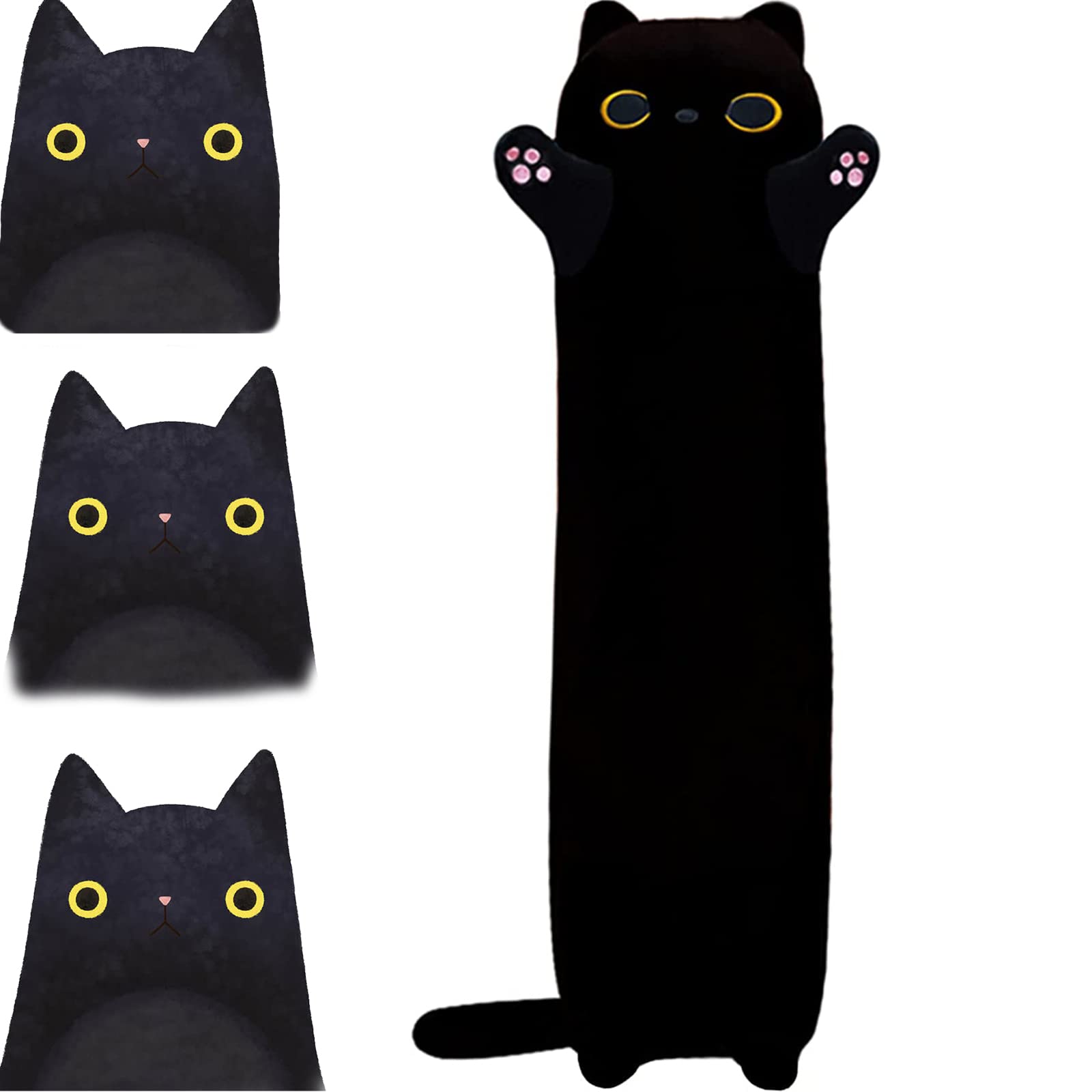 Handytoolinc Almohada de felpa suave de gato negro, peluches largos, almohada para dormir de algodón, almohada de gatito linda, almohada larga para el cuerpo, regalo para niños y novias (90 cm negro)