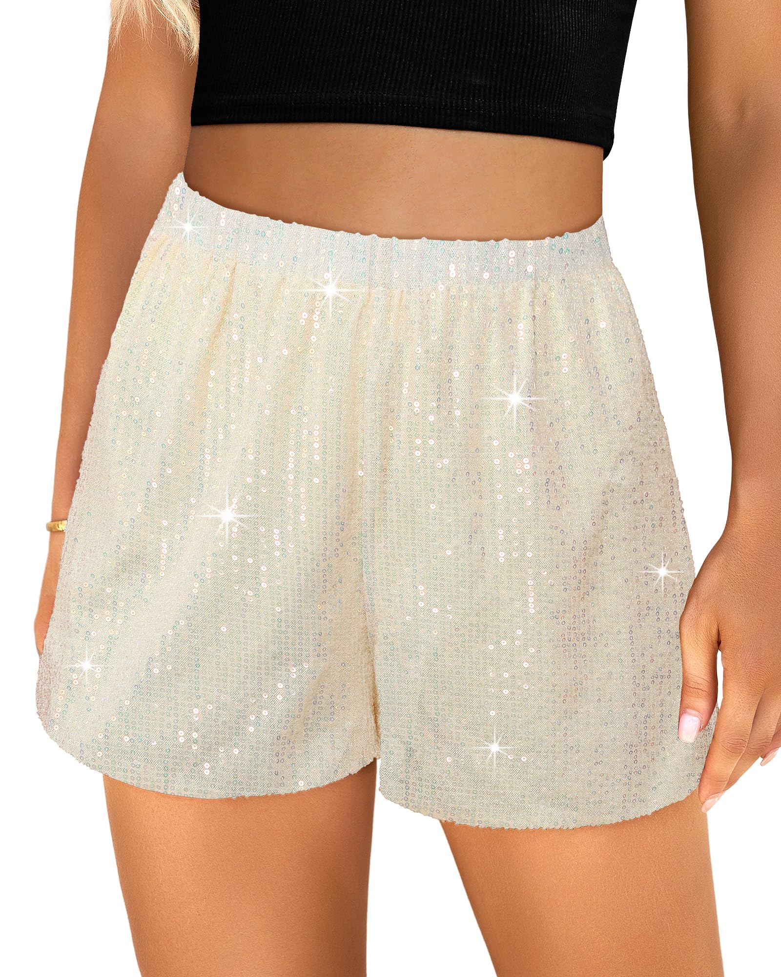 luvamia Sequin Shorts Glitter Shorts Champagne Sequin Shorts Wide Leg Shorts for Women Womens Clothes Sparkly Pants for Women Size Medium Size 8 10
