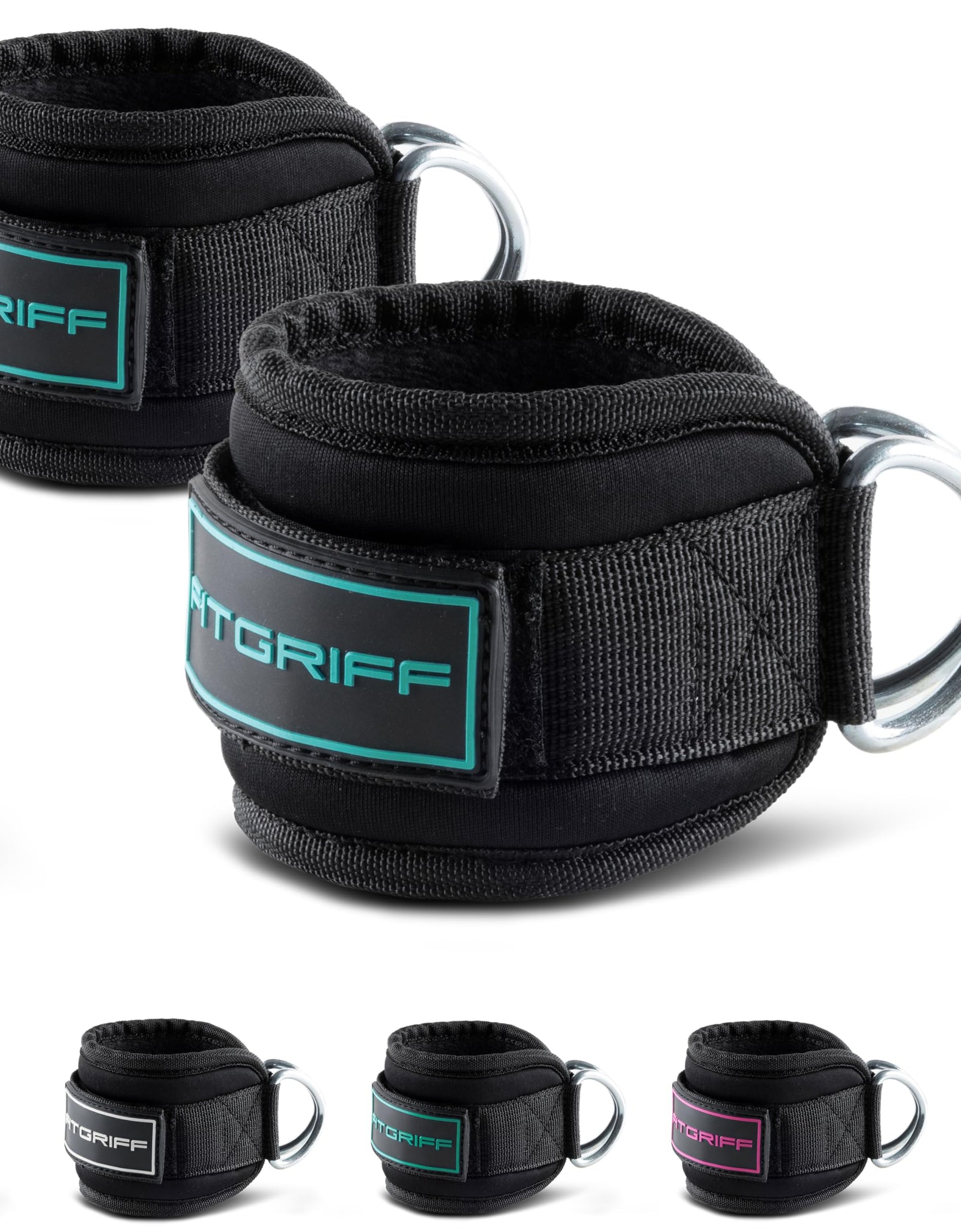 Fitgriff® Correas de tobillo V3 para máquina de cable (2 unidades) - Equipo de entrenamiento para gimnasio - Correas de polea para patadas (Negro/Cian)