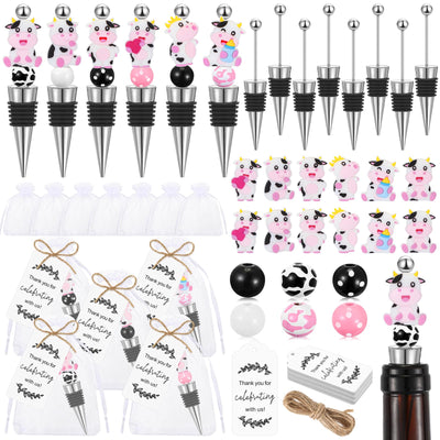Gisafai 12 Set Cow Beadable Wine Stoppers Baby Shower Favors for Guests Decorative Beaded Wine Bottle Stopper with Cow Beads Organza Bag Tag for Wedding Cow Party Favor Souvenirs Gifts