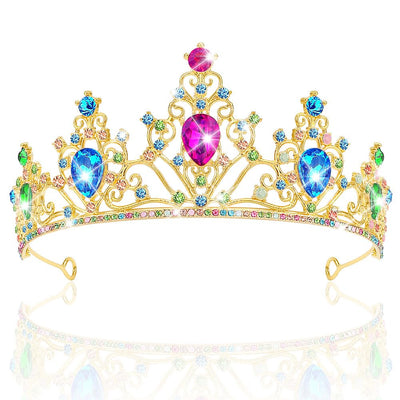 AHONEY Princess Tiara and Crown for Women Crystal Crown Rhinestone Princess Peach Tiaras for Crown for Birthday Prom Halloween Party Accessories (Gold Colorful