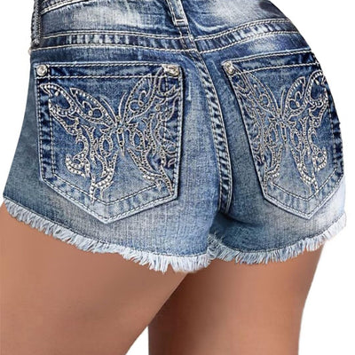 Flamingals Womens Ripped Stretchy Jean Shorts Mid Rise Skinny Denim Shorts Distressed Frayed Raw Hem Casual Summer Shorts Sapphire Blue L