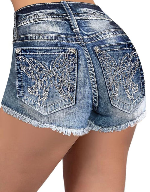 Charger l'image dans la visionneuse de galerie, Flamingals Womens Ripped Stretchy Jean Shorts Mid Rise Skinny Denim Shorts Distressed Frayed Raw Hem Casual Summer Shorts Sapphire Blue L
