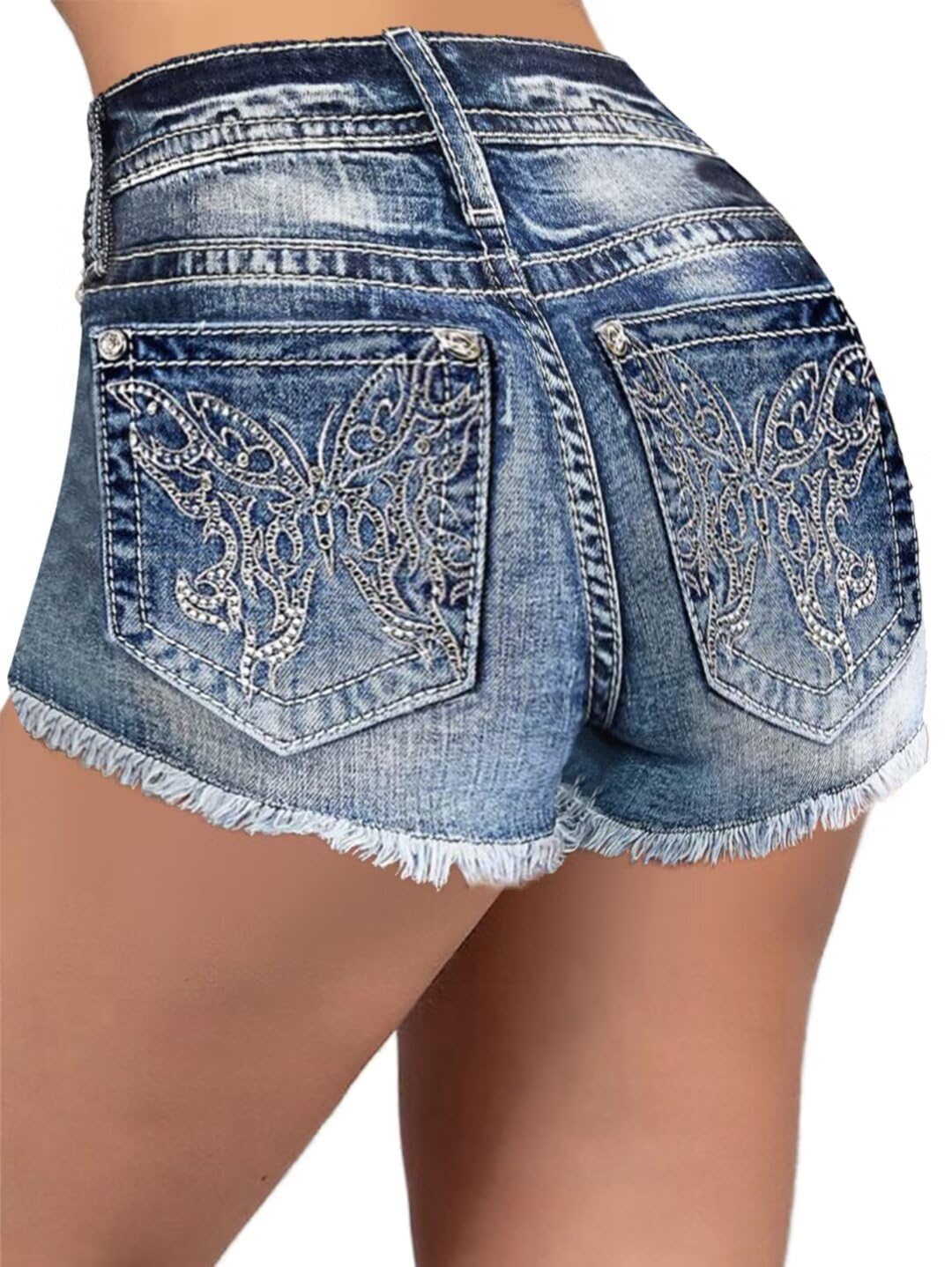 Flamingals Womens Ripped Stretchy Jean Shorts Mid Rise Skinny Denim Shorts Distressed Frayed Raw Hem Casual Summer Shorts Sapphire Blue L