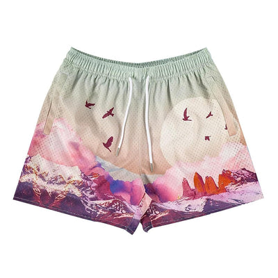 BOOMLEMON Mens Mesh Graphic Print Shorts Casual Fashion Cool Shorts Retro Active Gym Streetwear Short Pants(Pink Peony M)