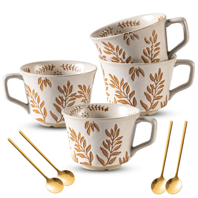 Noevany Coffee Mugs Set of 4 with Gold Spoon 11 oz Ancient Style Hand-painted Ceramic Mug Gifts for Men Women Unique Personality Gifts for Home Kitchen Office Dishwasher Microwave Safe