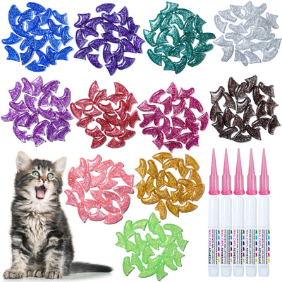 MiiOUU 100 pcs Cat Nail Caps | Cat Claw Covers with Adhesives and Applicators | 5X Different Glitter Colors (L)