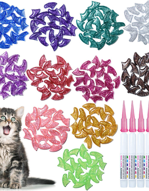 Load image into Gallery viewer, MiiOUU 100 pcs Cat Nail Caps | Cat Claw Covers with Adhesives and Applicators | 5X Different Glitter Colors (L)

