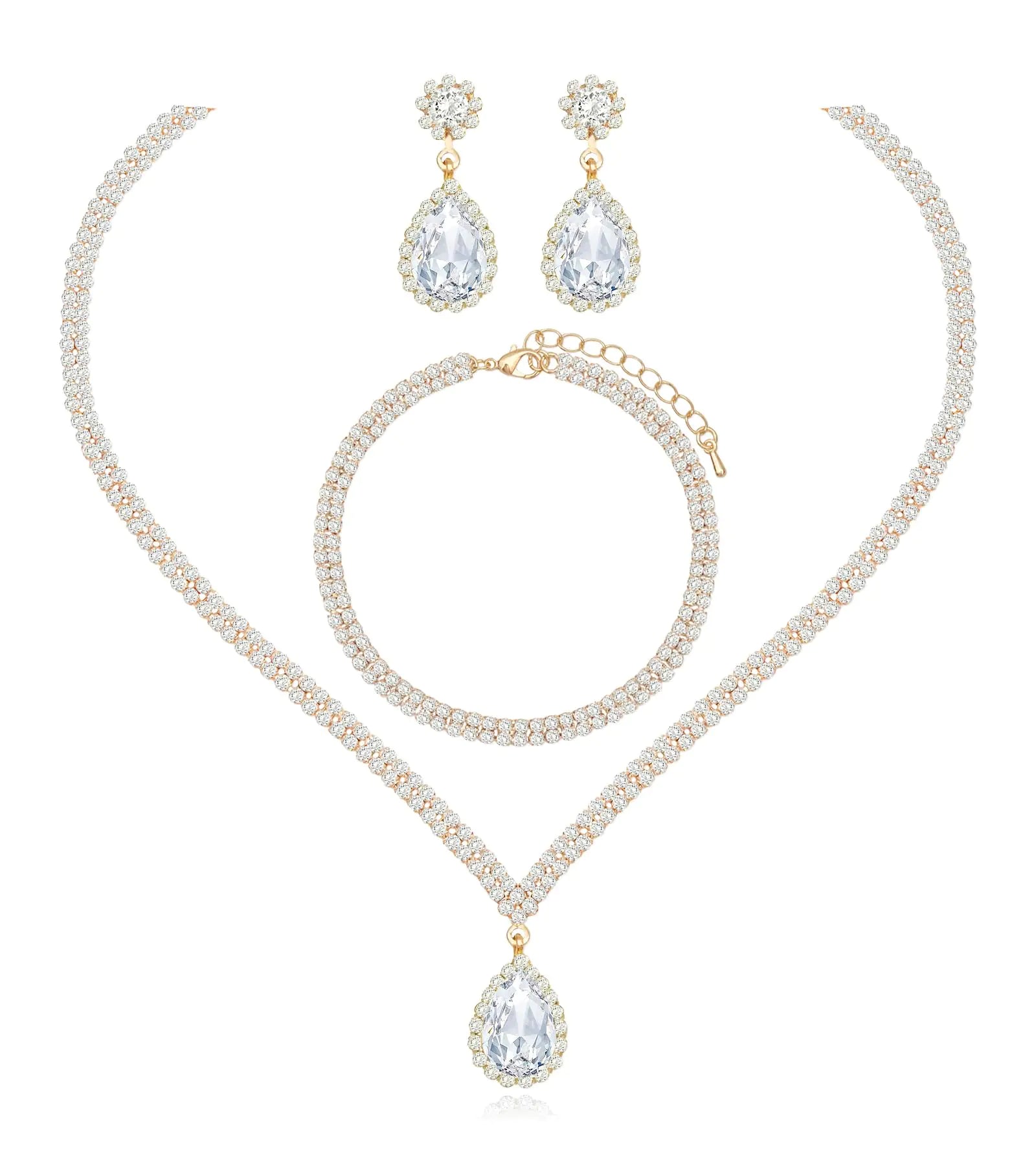 Chaoyite Elegante Conjunto de Joyas de Collar, Pendientes y Pulsera de Cristal para Boda, para Mujer, Novias, Damas de Honor, Fiesta de Graduación, Regalos de Accesorios de Disfraz (Estilo #2-cristal blanco-tono dorado)