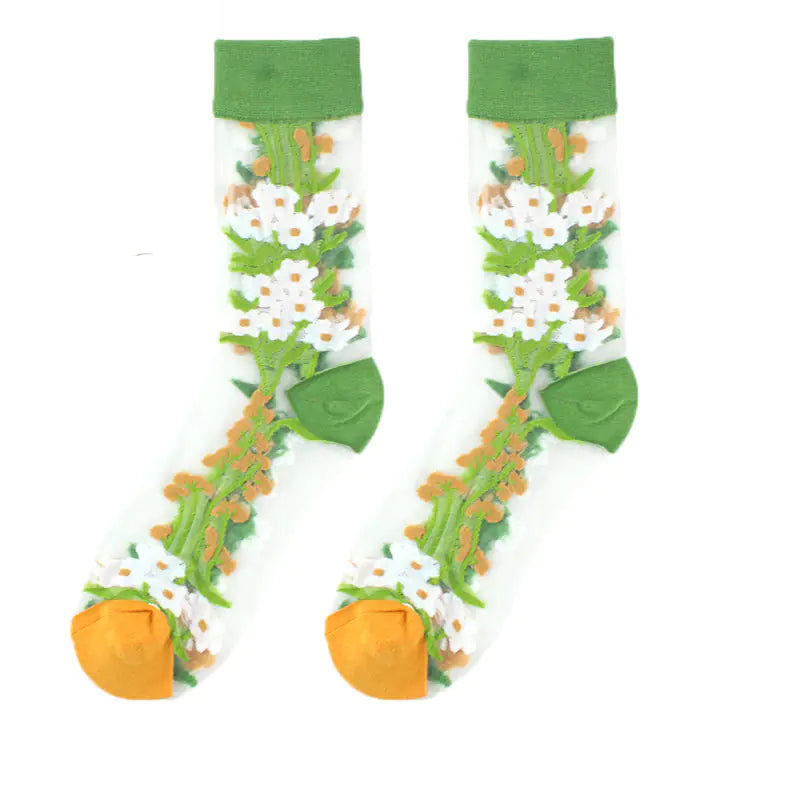 Fashionable Thin Mid Tube Flower Forest Glass Stockings