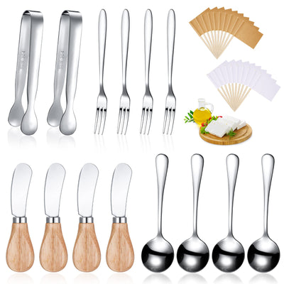 Ensemble de couteaux à fromage et à beurre Accessoires de charcuterie Couteaux à tartiner en acier inoxydable avec manches en bois Ustensiles pour planches de charcuterie Mini pinces de service Cuillères et fourchettes (Jaune, 14 pièces)