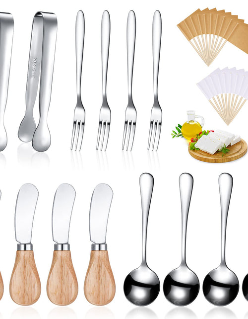 Cargar imagen en el visor de la galería, Juego de cuchillos para queso y mantequilla, accesorios para charcutería, cuchillos para untar de acero inoxidable con mangos de madera, utensilios para tablas de charcutería, mini pinzas, cucharas y tenedores (amarillo, 14 piezas)
