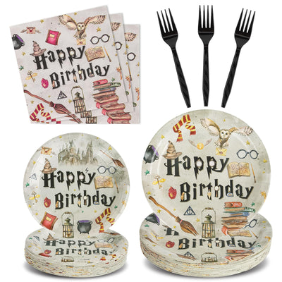 BORAENDEY 200PCS Suministros para fiesta de magos mágicos Sirve 50 Platos de papel con temática mágica, Servilletas y kit de tenedores para decoraciones de fiesta de cumpleaños o baby shower