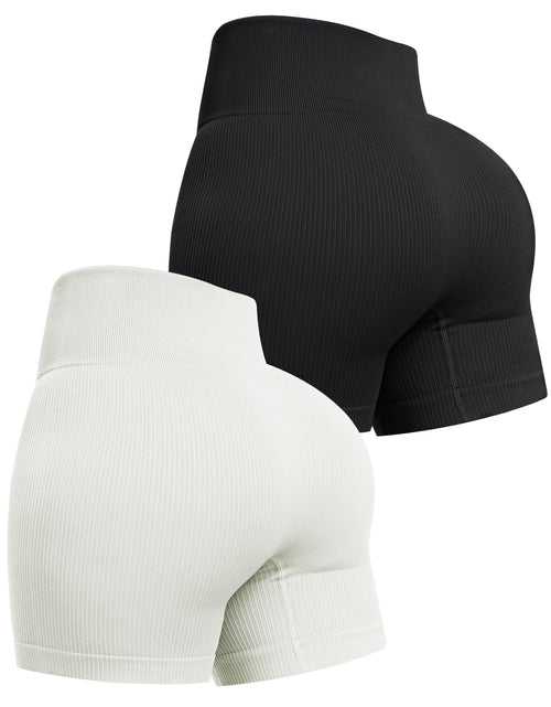 Load image into Gallery viewer, SALSPOR Workout Shorts Womens Ribbed Seamless Shorts High Waist Gym Spandex Shorts (Black/White) M
