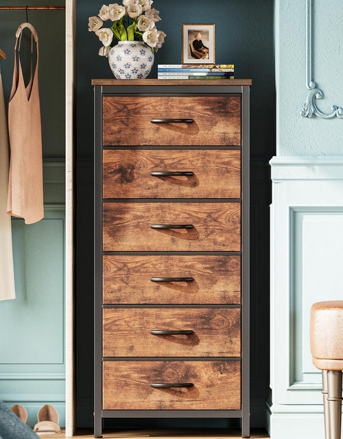 Cargar imagen en el visor de la galería, Huuger Tall Dresser for Bedroom 6 Drawer Dresser &amp; Chests of Drawers Fabric Dresser for Closet Bedroom Night Stand End Table with Metal Frame Storage Tower with Fabric Bins Rustic Brown
