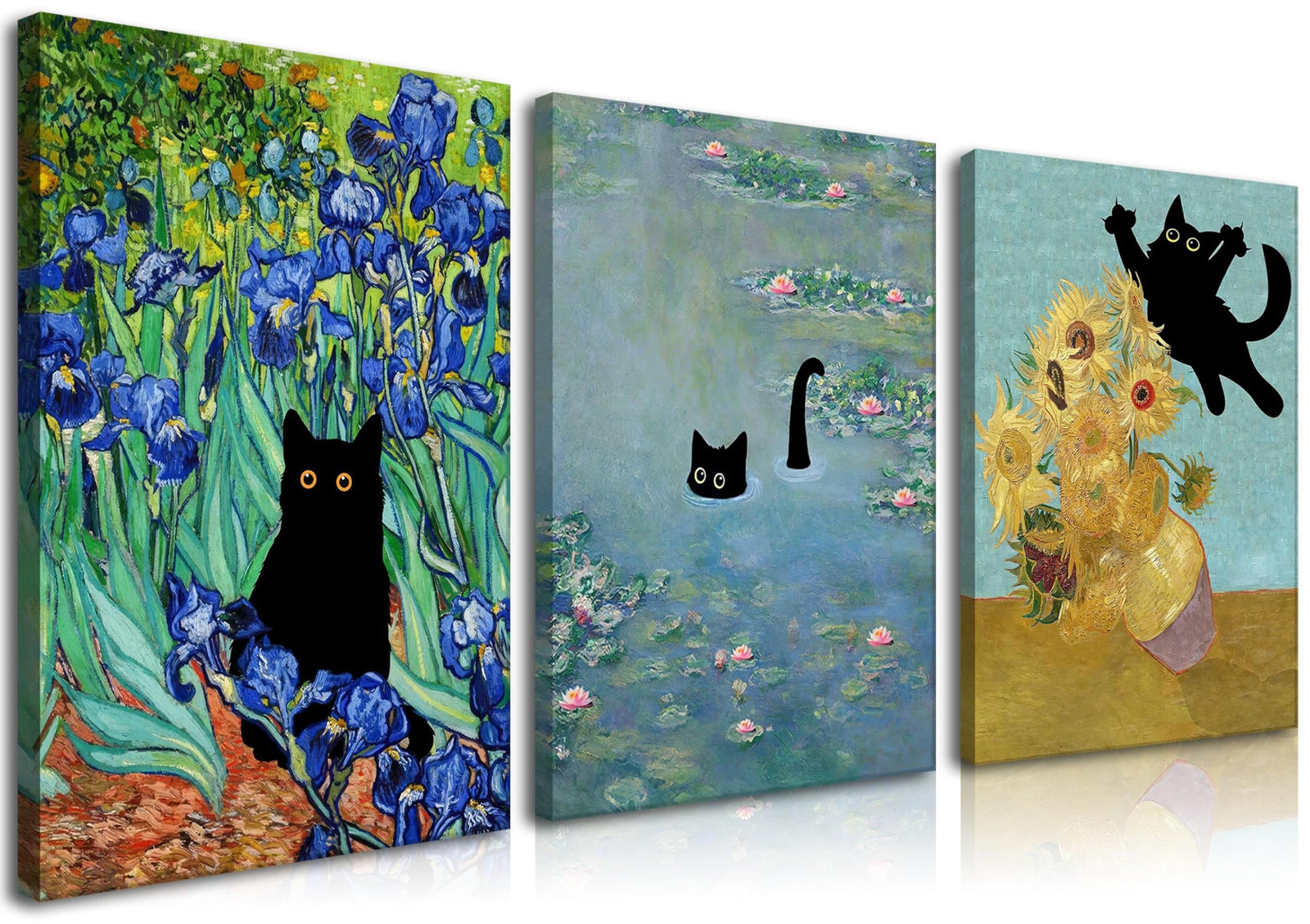 Monet Wall Art Set of 3 - Funny Cat in Water Lilies Canvas Paintings Prints Van Gogh Sunflower Cat Aesthetic Pictures for Room Bedroom Living Room Bathroom 12x16 in Framed