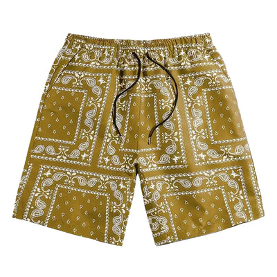 MECH-ENG Mens Paisley Shorts Workout Boxing Running Shorts Bandana Boho Lightweight Drawstring Shorts(Yellow Large)