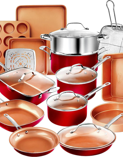 Cargar imagen en el visor de la galería, Gotham Steel Juego de 20 piezas de ollas y sartenes, juego de utensilios de cocina antiadherentes y para hornear, de cerámica completa para cocina, antiadherente con tapas, apto para lavavajillas y horno, no tóxico - Rojo
