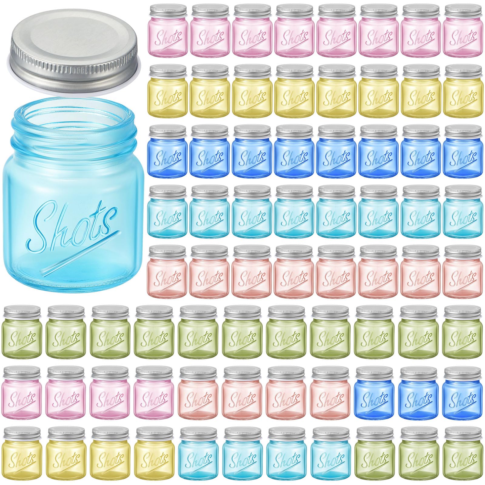72 Pcs Mini Mason Jar Shot Glasses with Lids 2 Oz Mason Jars Shot Glasses Dishwasher Safe Mason Shooter Glass for Wedding Party Favors Home Bar Drinks Shot Favors Desserts (Fresh Color)