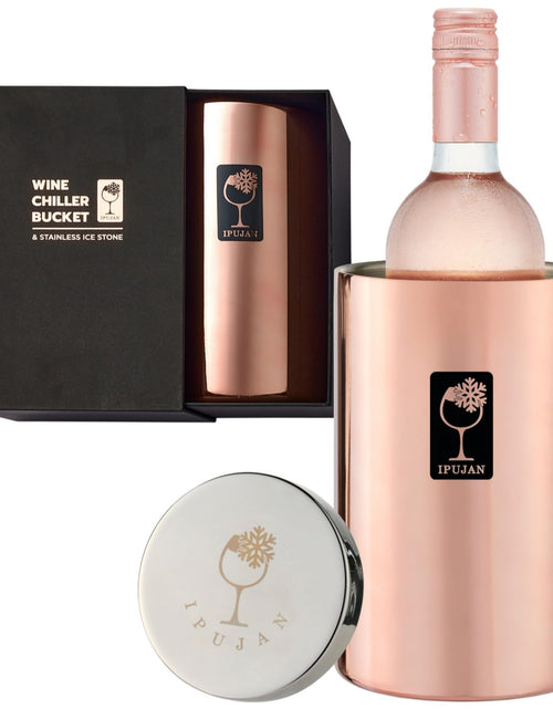 Load image into Gallery viewer, IPUJAN Wine Chiller Bucket with Stainless Ice Stone - Wine Gifts Set of 750ml wine ice bucket cool up to 5 hours - Insulated double walled champange bucket for single bottle(Rose Gold)
