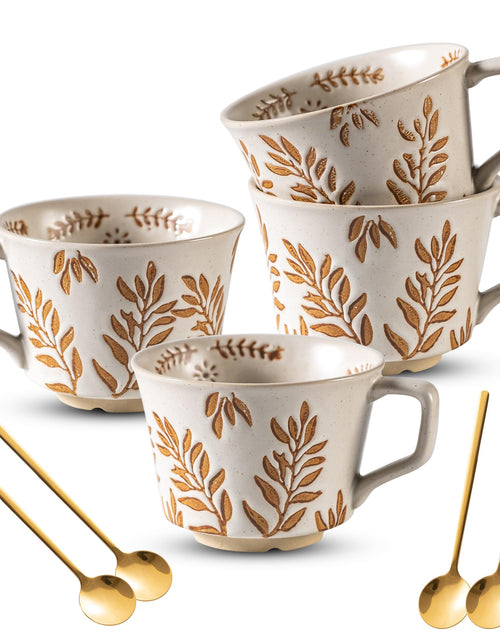 Cargar imagen en el visor de la galería, Juego de 4 tazas de café Noevany con cuchara dorada de 325 ml, estilo antiguo, pintadas a mano, de cerámica, regalos para hombres y mujeres, regalos únicos de personalidad para el hogar, cocina, oficina, aptas para lavavajillas y microondas
