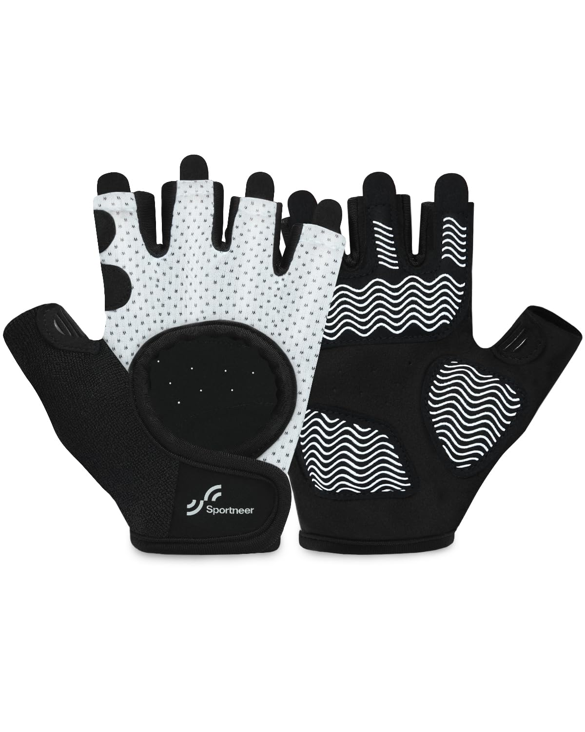 Sportneer Workout Gloves for Men & Women Full Palm Protection Breathable Exercise Gloves w/Curved Open Back Lightweight Fitness Gloves for Pull Up Dumbbells Cycling Rowing (Black-White Large)