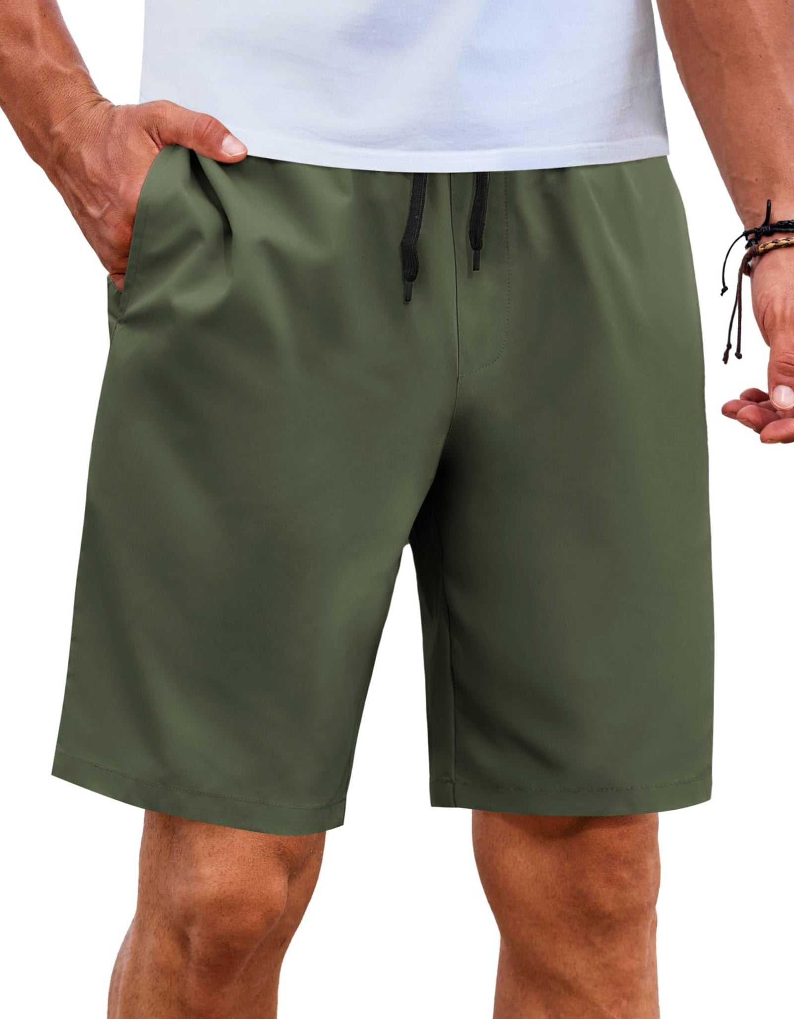 COOFANDY Mens 9" Elastic Shorts Lightweight Beach Summer Shorts Drwastring Khaki Vacation Shorts