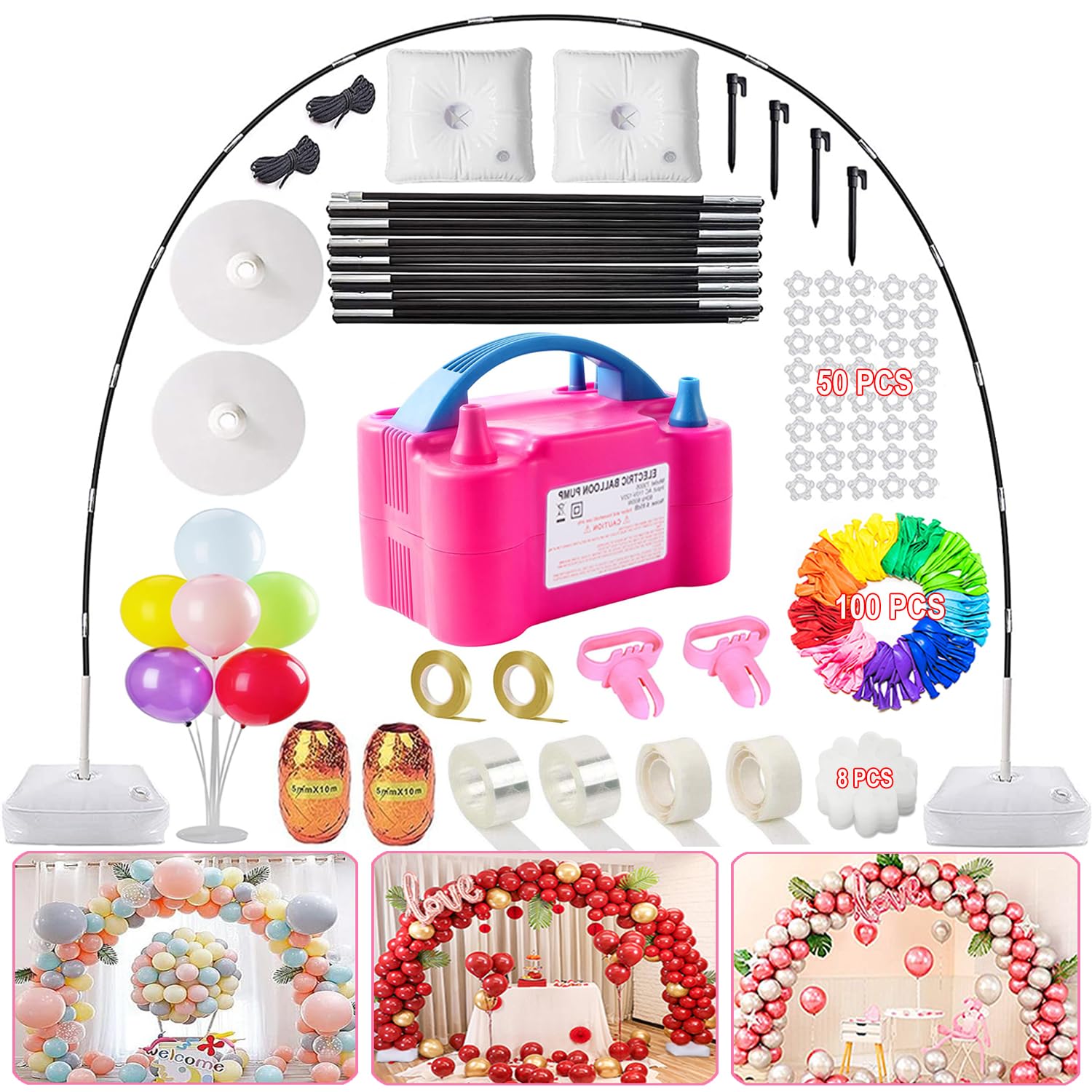 Kit d'arche de ballons et pompe à ballons – Support d'arche de ballons réglable de 2,74 m de haut et 3,05 m de large avec base d'eau, pompe électrique, ballons et accessoires pour décoration de mariage, anniversaire
