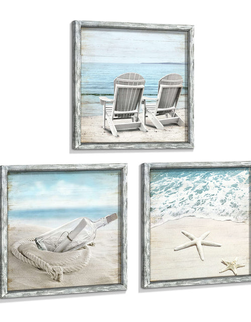 Cargar imagen en el visor de la galería, Seascape Pictures Framed Wall Artwork: Ocean Wall Art Set of 3 Beach Chairs &amp; Drift Bottle Wall Art Coastal Prints on Wood for Bedroom
