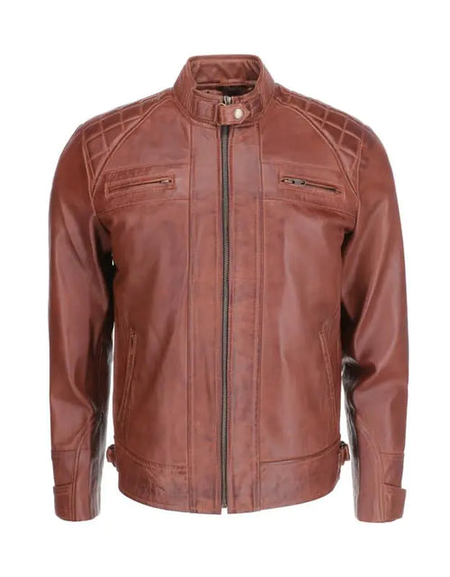 Load image into Gallery viewer, TLC Mens Tan Genuine Leather Motorcycle Jacket - Lambskin Diamond Quilted Cafe Racer Leather Jacket
