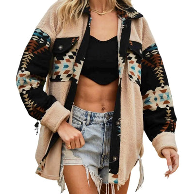 Yinawsky Womens Casual Fleece Jacket Tribal Aztec Shirt Jacket Long Sleeve Button Down Jacket Loose Shacket Outwear(0210-Khaki-L)