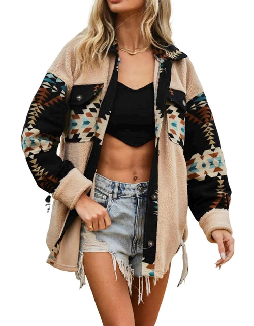 Load image into Gallery viewer, Yinawsky Womens Casual Fleece Jacket Tribal Aztec Shirt Jacket Long Sleeve Button Down Jacket Loose Shacket Outwear(0210-Khaki-L)
