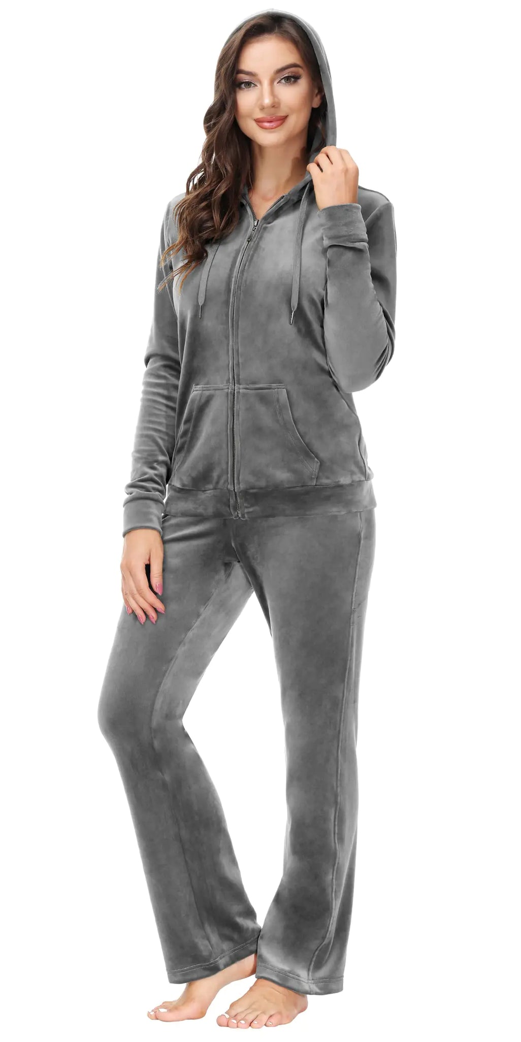 ANOTHER CHOICE Velour Tracksuit Women 2 Piece Zip-Up Velvet Sweatsuits Hooded Soft Jogging Set(Deep GreyXX-Large)