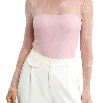 Ugerlov Mesh Bodysuit Long Sleeve Lace Tops See Through Shapewear Casual Layer Skinny Fit Body Suit Underwear Pink S