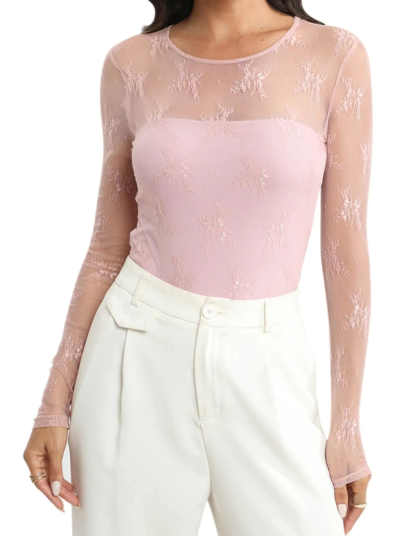 Ugerlov Mesh Bodysuit Long Sleeve Lace Tops See Through Shapewear Casual Layer Skinny Fit Body Suit Underwear Pink S