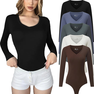 FMNNNN 5 Pack Long Sleeve Bodysuit for Women V Neck Ribbed Cotton T Shirt Fall Winter Tight Soft Ladies Slim fit Tops Fitted Tunic Shapewear Thong Workout Apparel Casual Stretchy Basic Activewear